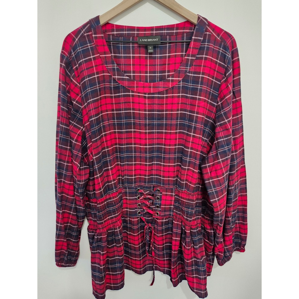 Lane Bryant Plaid Corset Waist Peplum Blouse Red Navy Tartan Size 26 Long Sleeve
